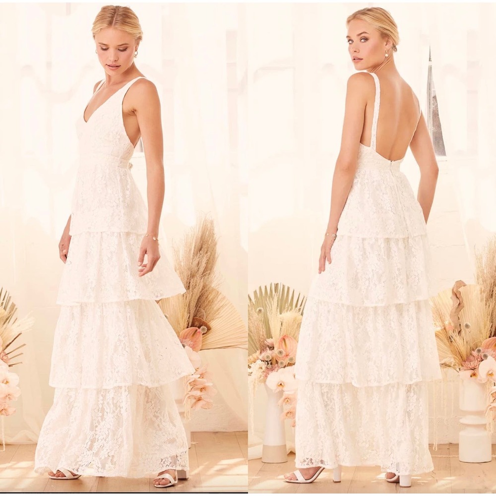Lulu's White Lace Tiered Maxi Dress